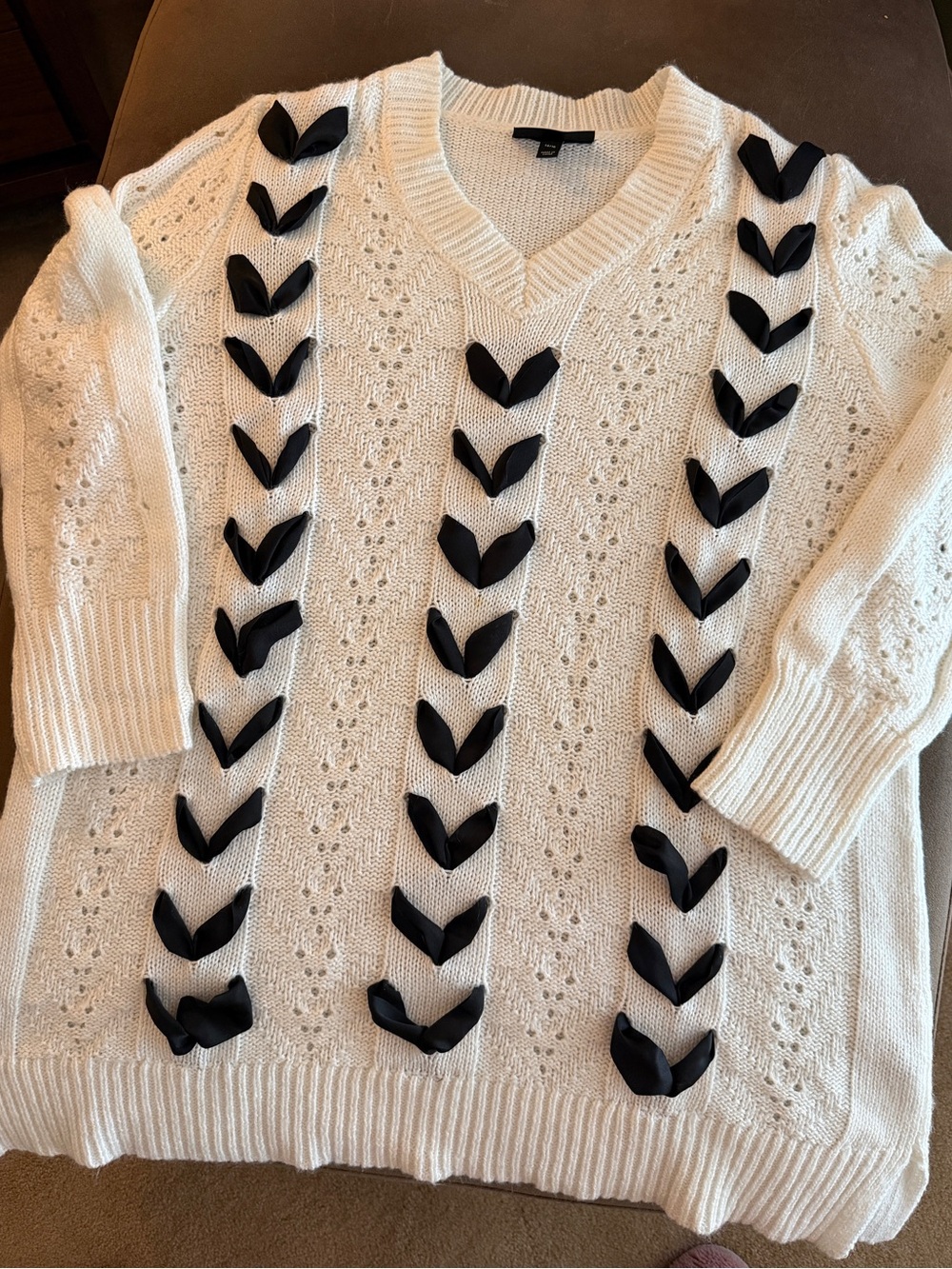 Lane Bryant V-Neck White Knit Sweater with Black Ribbon Trim - Women's 14/16